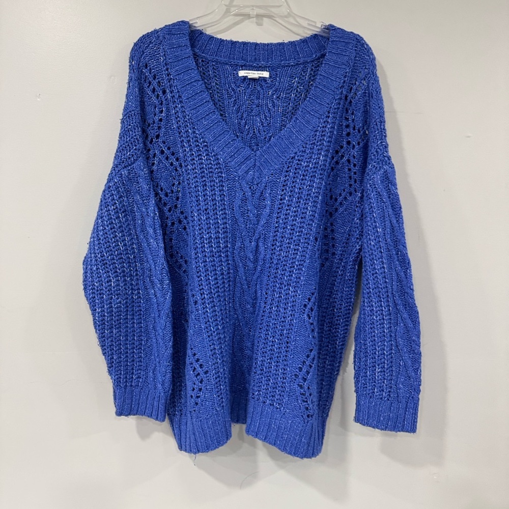 Blue V-Neck Cable Knit Sweater American Eagle Size Medium
